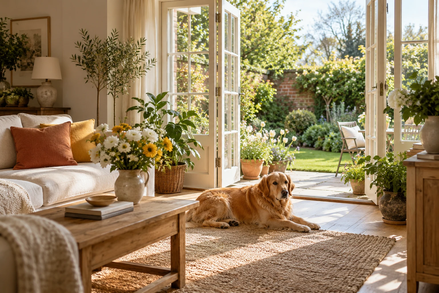 A sunlit living room with colourful cushions, fresh flowers and a golden retriever beside doors opening onto a green garden