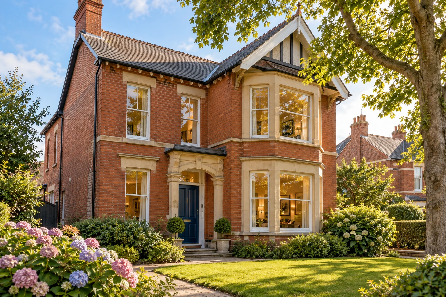 A handsome brick home with a well-kept garden and a blue front door