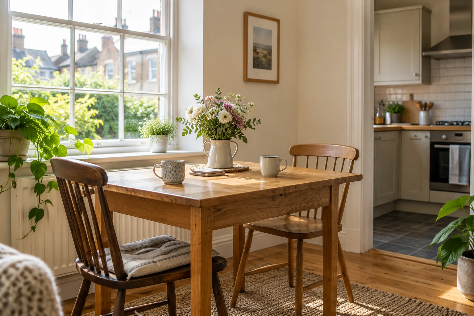 A bright, comfortable home dining nook with an oak table, wooden chairs and fresh flowers