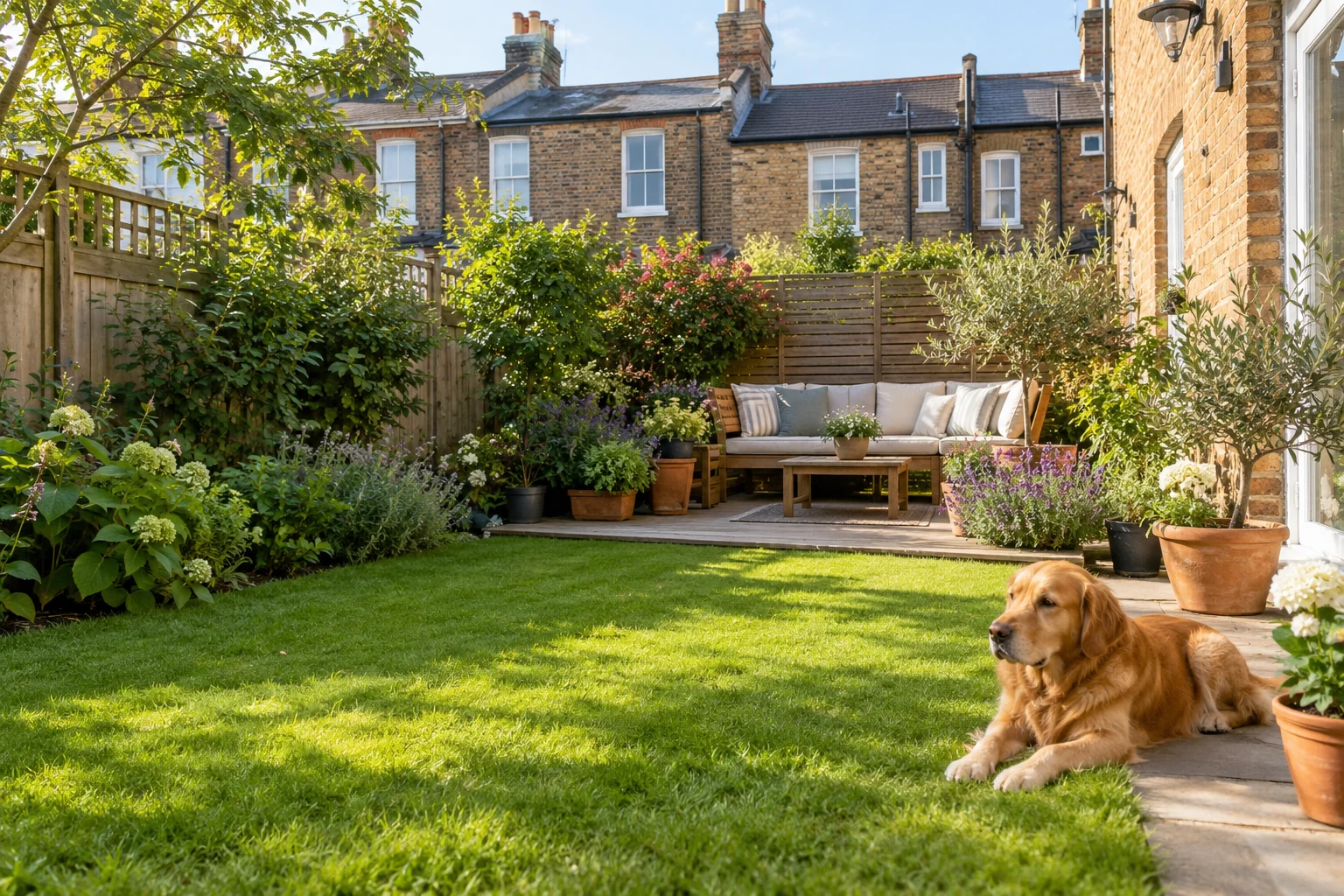 A golden retriever relaxing beside the lawn in a welcoming home garden