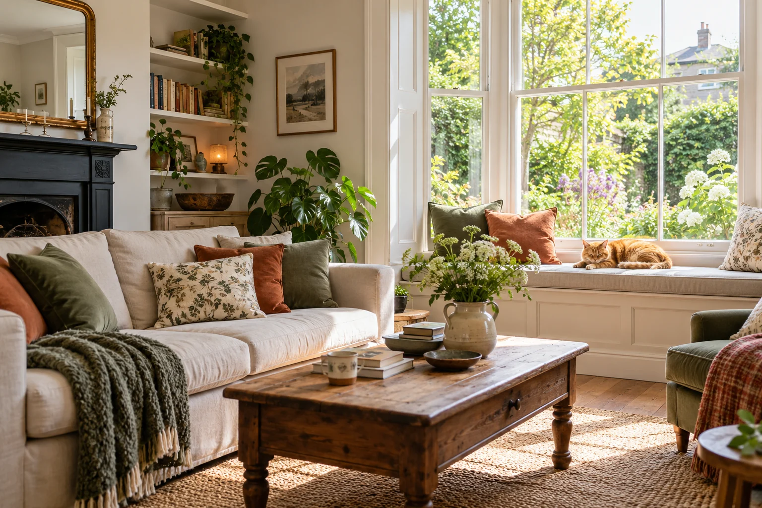 A warm living room with a linen sofa, colourful cushions and a ginger cat resting beside a garden window